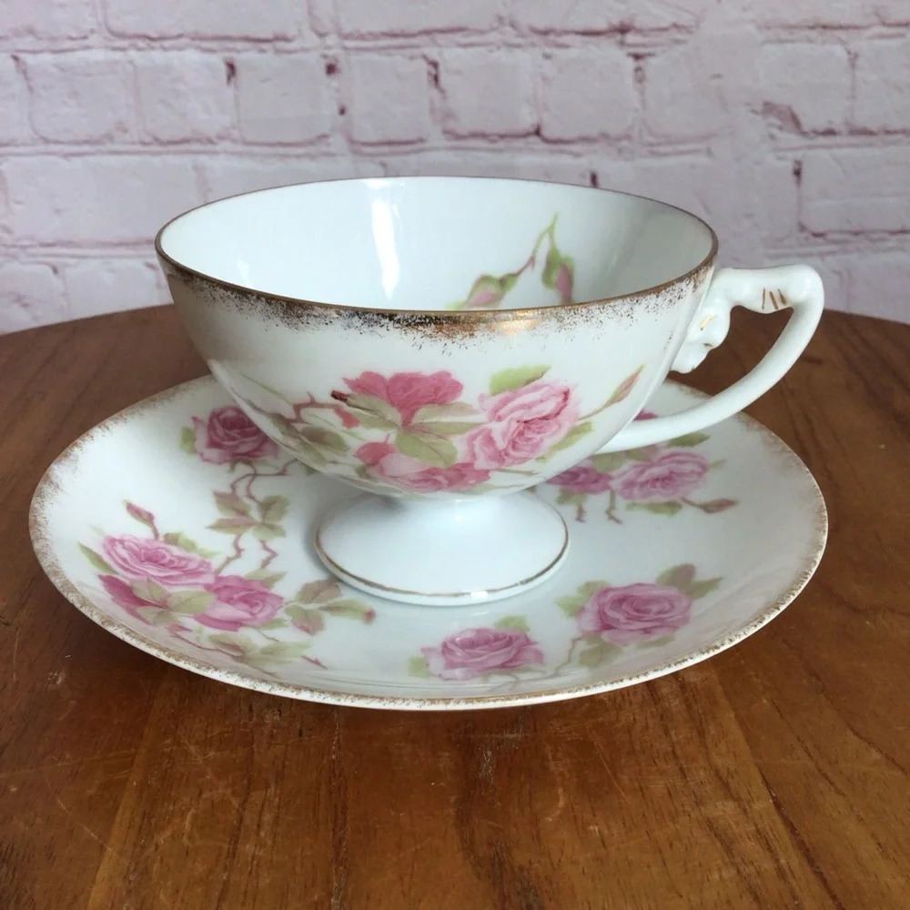 Vintage Bavaria Pink Floral with Gold Gilt Pedestal Cup and Saucer Set